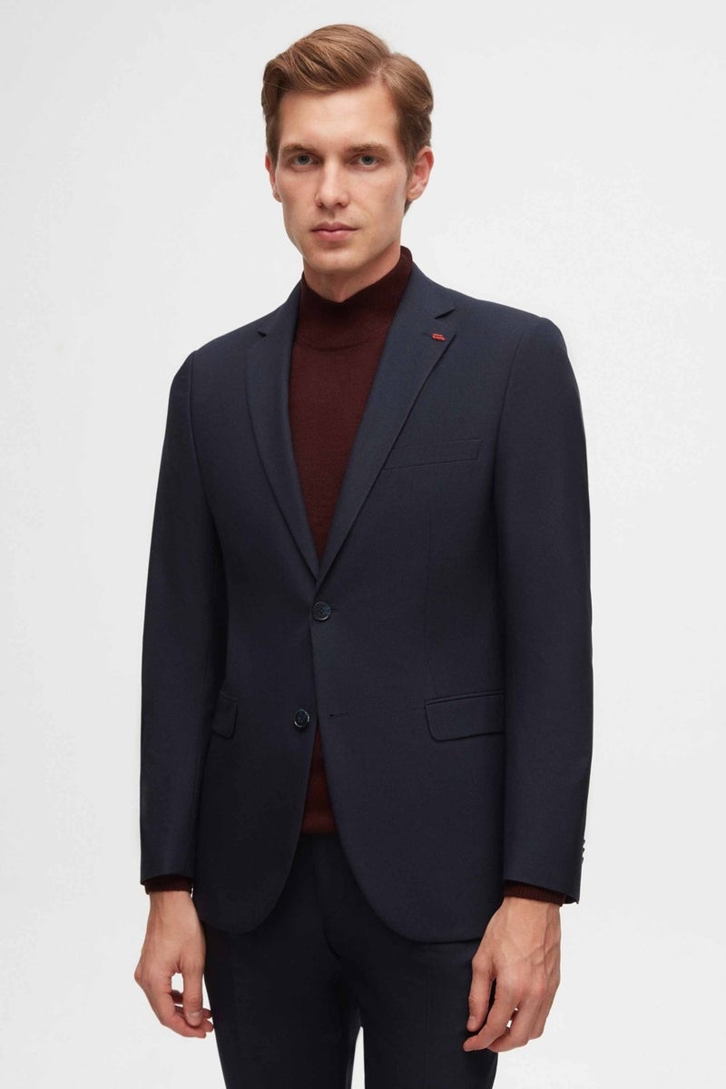 twn Slim Fit Navy Blue Plain Mono Collar Viscose Suit  - Image 1