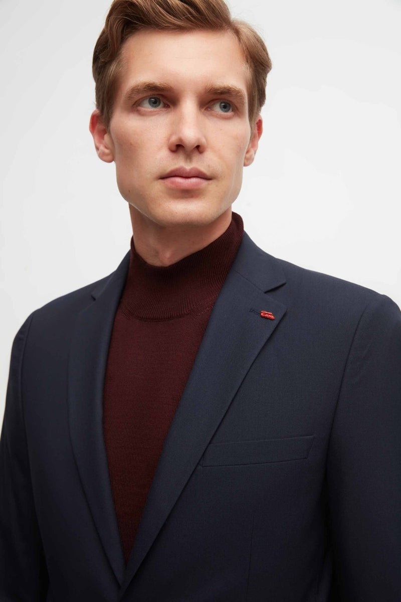 twn Slim Fit Navy Blue Plain Mono Collar Viscose Suit  - Image 3