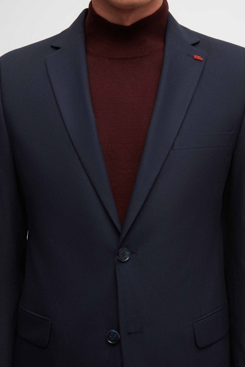 twn Slim Fit Navy Blue Plain Mono Collar Viscose Suit  - Image 4