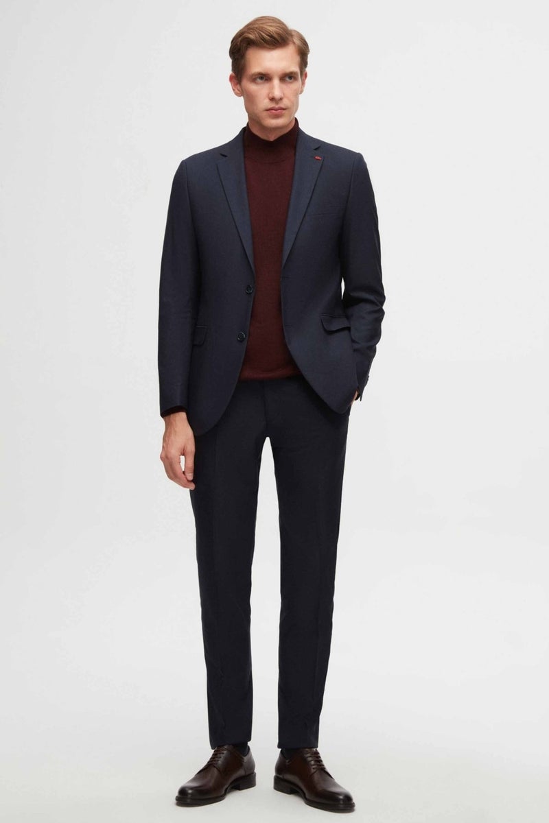 twn Slim Fit Navy Blue Plain Mono Collar Viscose Suit  - Image 2