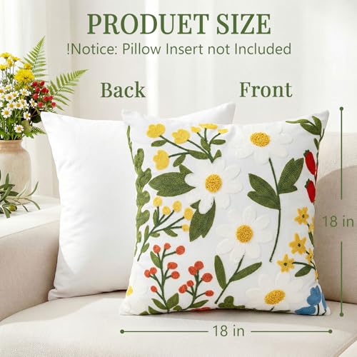 Emvency Embroidered Floral Throw Pillow Covers 18x18 Set of 2 Spring Daisy Flower Summer Plant Outdoor Decorative Square Pillow Cases Couch Cushion Case for Couch Bed Sofa Living Room Home Decor - Image 3