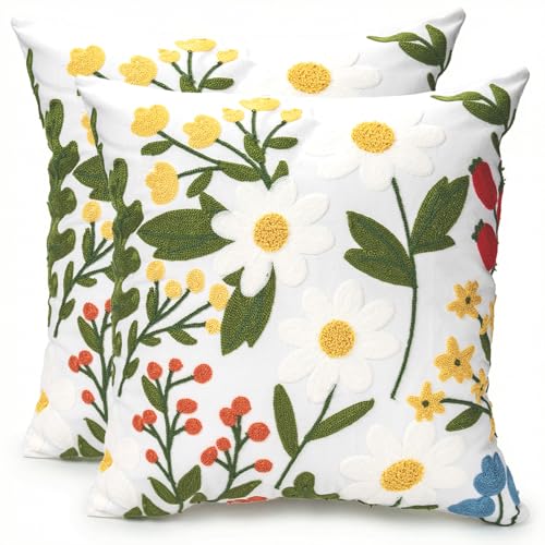 Emvency Embroidered Floral Throw Pillow Covers 18x18 Set of 2 Spring Daisy Flower Summer Plant Outdoor Decorative Square Pillow Cases Couch Cushion Case for Couch Bed Sofa Living Room Home Decor - Image 1