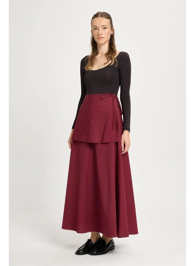 mina aise Women Burgundy Belted Poplin Long Skirt 30021.