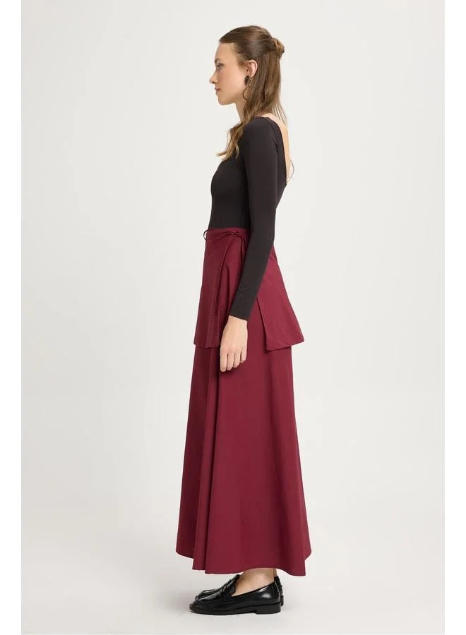 mina aise Women Burgundy Belted Poplin Long Skirt 30021.