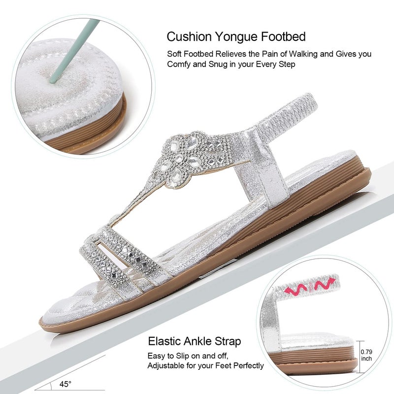 iCKER Women Rhinestone Sandals T-Strap Buckle Bohemian Pearl Crystal Flat Sandals-Sliver 01-9 - Image 4