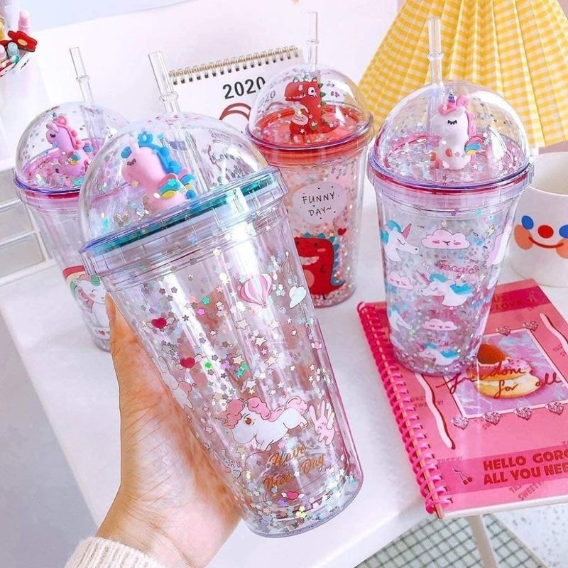 KAPILIX KAPILIX Plastic Light Non Light Sipper Tumbler with Straw 600ml Unicorn Design with Sparkle and Glitter Fancy Sipper for Girls Boys Best Gift Diwali Gift Multicolour Random Collection - Image 1