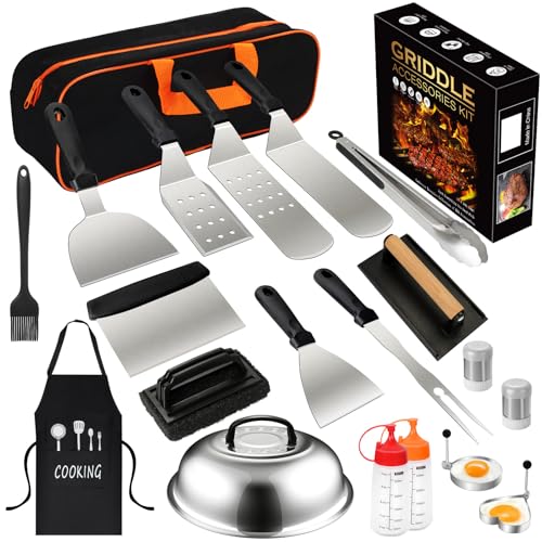 EWFEN 20PCS Griddle Accessories Kit, Flat Top Grill Accessories Set for Blackstone and Camp Chef, Grill Spatula Set with Enlarged Spatulas, Basting Cover, lron Smash Burger Press for Outdoor Barbecue - Image 1