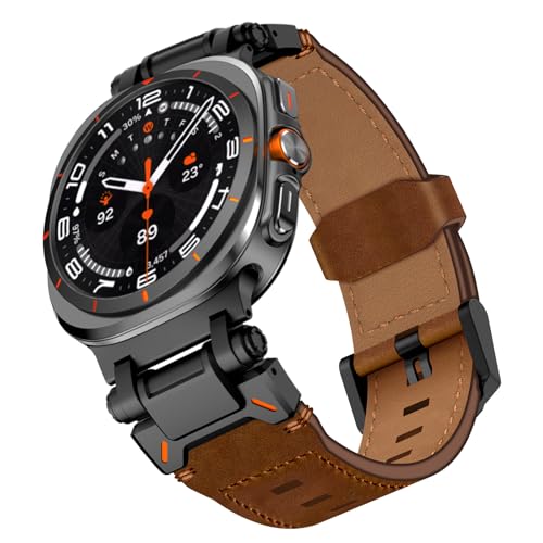 WINGLE Leather Band for Samsung Galaxy Watch Ultra Bands 47mm 2025/2024 Men Wide Rugged Top Grain Genuine Leather Strap with Metal Connector Armor Classy Casual Business Galaxy Watch Ultra Band, Brown - Image 1