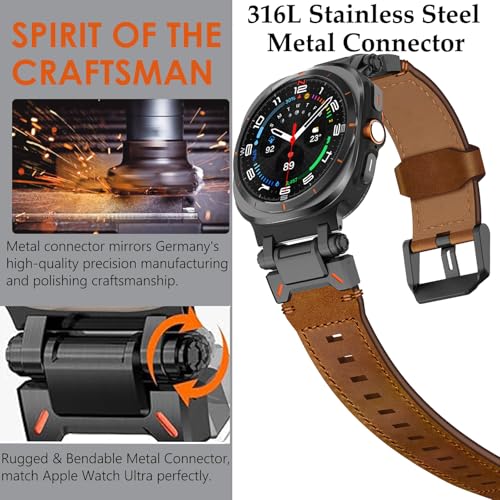 WINGLE Leather Band for Samsung Galaxy Watch Ultra Bands 47mm 2025/2024 Men Wide Rugged Top Grain Genuine Leather Strap with Metal Connector Armor Classy Casual Business Galaxy Watch Ultra Band, Brown - Image 4