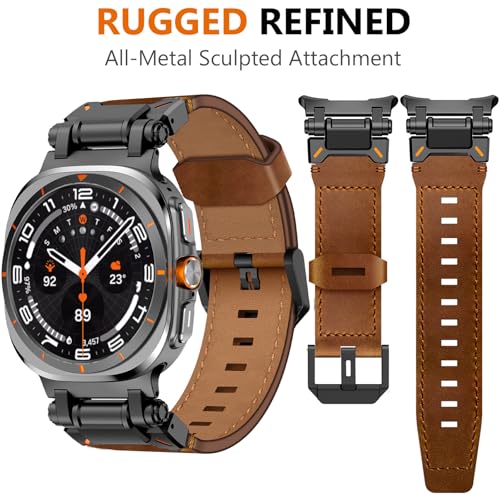 WINGLE Leather Band for Samsung Galaxy Watch Ultra Bands 47mm 2025/2024 Men Wide Rugged Top Grain Genuine Leather Strap with Metal Connector Armor Classy Casual Business Galaxy Watch Ultra Band, Brown - Image 2