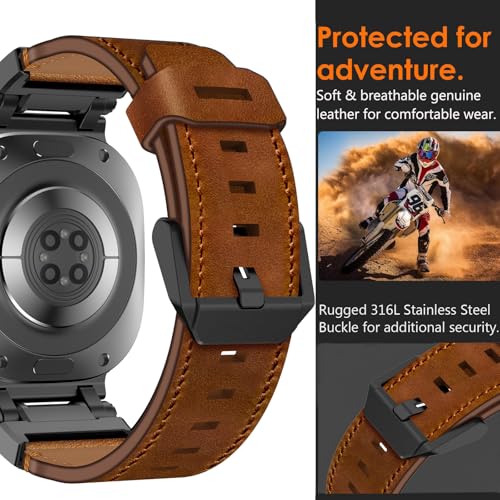 WINGLE Leather Band for Samsung Galaxy Watch Ultra Bands 47mm 2025/2024 Men Wide Rugged Top Grain Genuine Leather Strap with Metal Connector Armor Classy Casual Business Galaxy Watch Ultra Band, Brown - Image 3