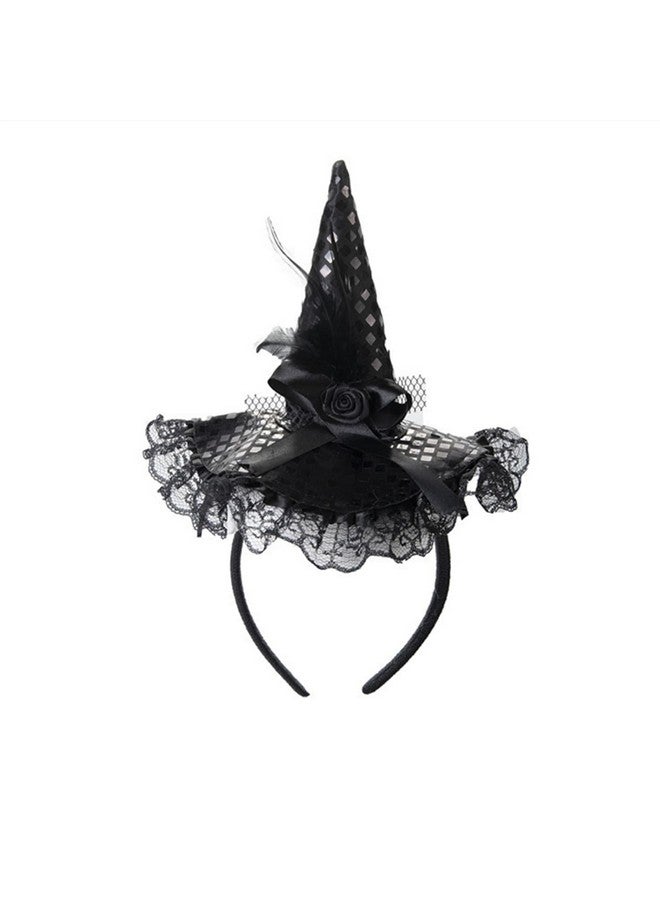 Dzrige Halloween Witch Hat Headband Witch Feather Headwear With Lace Trim Witch Hat Headpiece Accessories For Halloween Party Cosplay (Black) - Image 1