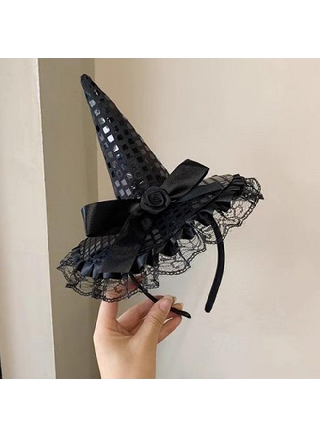 Dzrige Halloween Witch Hat Headband Witch Feather Headwear With Lace Trim Witch Hat Headpiece Accessories For Halloween Party Cosplay (Black) - Image 2