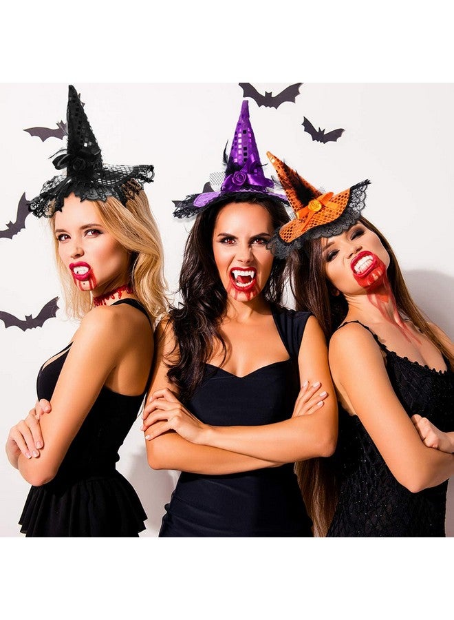Dzrige Halloween Witch Hat Headband Witch Feather Headwear With Lace Trim Witch Hat Headpiece Accessories For Halloween Party Cosplay (Black) - Image 4