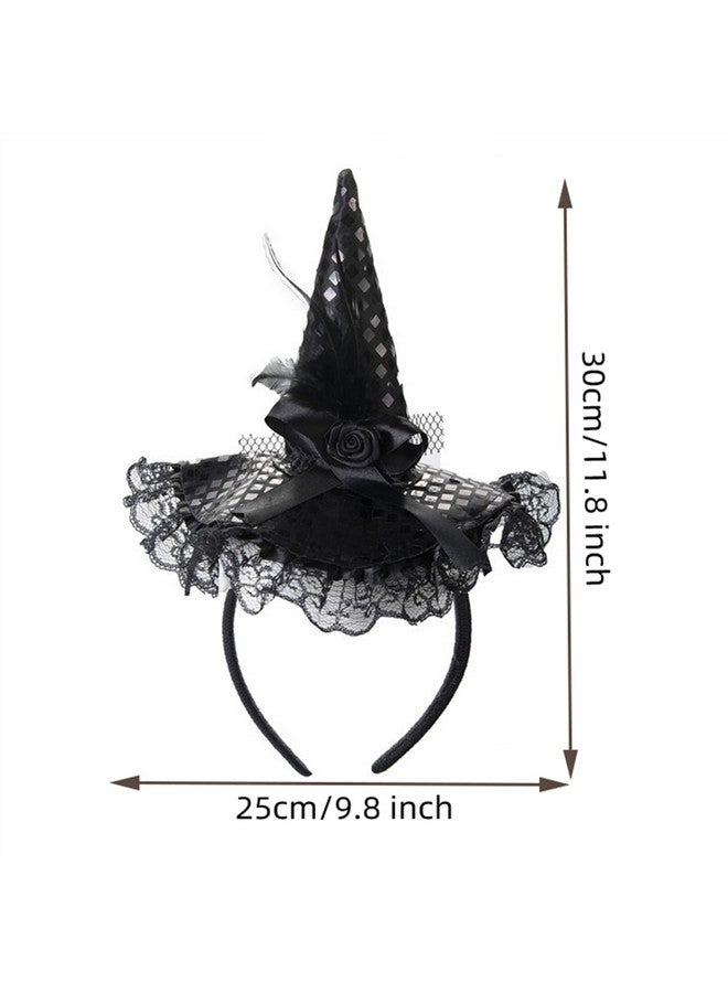 Dzrige Halloween Witch Hat Headband Witch Feather Headwear With Lace Trim Witch Hat Headpiece Accessories For Halloween Party Cosplay (Black) - Image 5