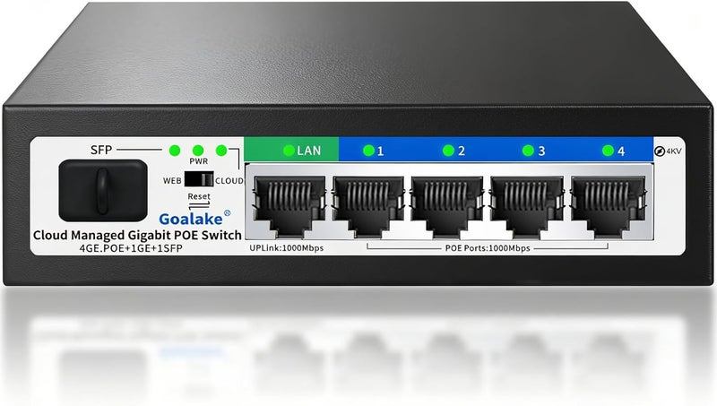 Goalake Poe Switch, 5 Ports Gigabit PoE Switch (4 Ports gigabit Switch + 1 gigabit uplink+ 1 SFP Slot) Cloud Managed Gigabit Ethernet Switch, 4 Poe Ports @52W, Web/APP Smart Managed, Remote Detection/Restart - Image 1