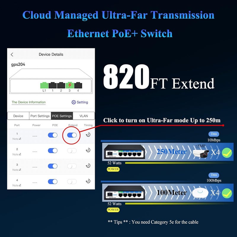 Goalake Poe Switch, 5 Ports Gigabit PoE Switch (4 Ports gigabit Switch + 1 gigabit uplink+ 1 SFP Slot) Cloud Managed Gigabit Ethernet Switch, 4 Poe Ports @52W, Web/APP Smart Managed, Remote Detection/Restart - Image 5