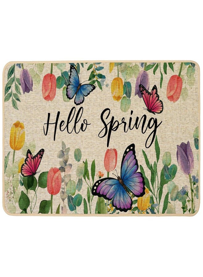 Baccessor Hello Spring Door Mat Butterfly Floral Tulips Decorative Outdoor Mat Non Slip Rubber Backing for Entrance Seasonal Outside Indoor Front Kitchen Decortion 17 x 29 Inch - Image 1