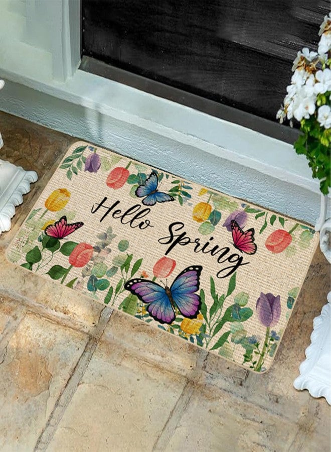 Baccessor Hello Spring Door Mat Butterfly Floral Tulips Decorative Outdoor Mat Non Slip Rubber Backing for Entrance Seasonal Outside Indoor Front Kitchen Decortion 17 x 29 Inch - Image 2
