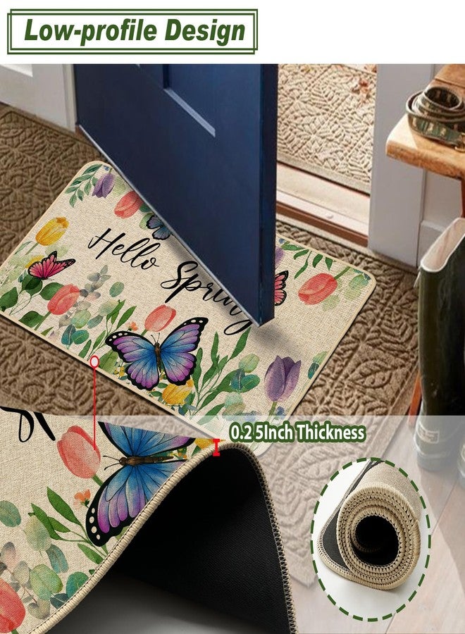 Baccessor Hello Spring Door Mat Butterfly Floral Tulips Decorative Outdoor Mat Non Slip Rubber Backing for Entrance Seasonal Outside Indoor Front Kitchen Decortion 17 x 29 Inch - Image 4