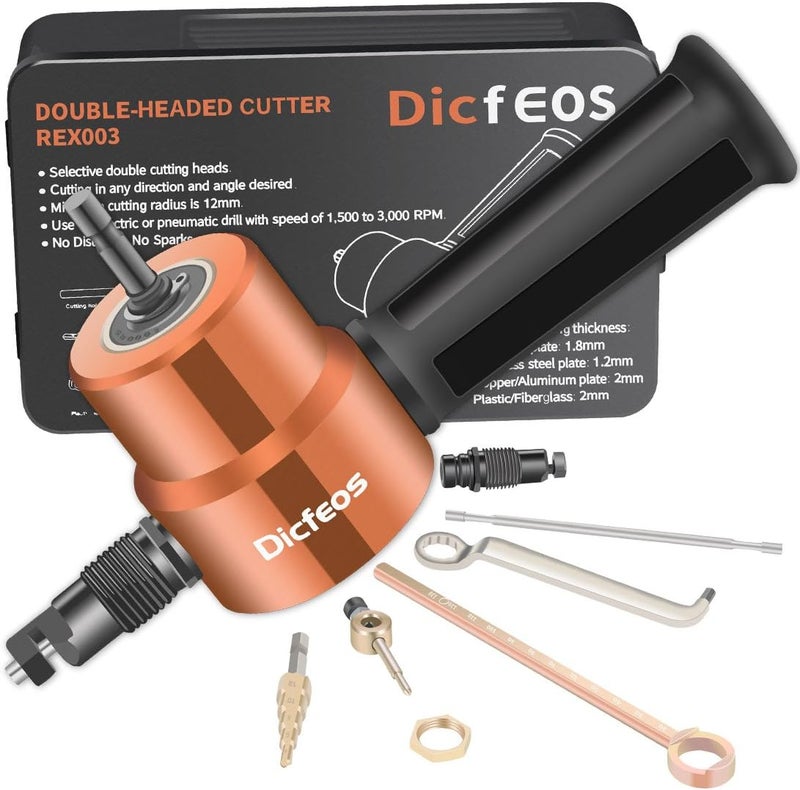 Dicfeos Double Head Sheet Metal Cutter, Versatile Nibbler Drill Attachment for Straight Curve and Circle Cutting, Maximum 14 Gauge Steel, Perfect for Home DIY and Car Repair - Image 1