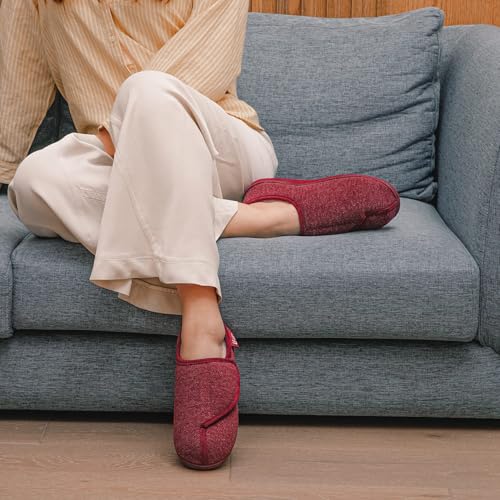 LongBay Womens Adjustable Slippers Memory Foam Cozy Wide Diabetic House Shoes Edema Orthopedic Neuropathy Indoor Outdoor (7 B(M), Wine Red) - Image 2