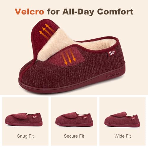 LongBay Womens Adjustable Slippers Memory Foam Cozy Wide Diabetic House Shoes Edema Orthopedic Neuropathy Indoor Outdoor (7 B(M), Wine Red) - Image 3