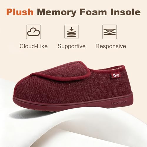 LongBay Womens Adjustable Slippers Memory Foam Cozy Wide Diabetic House Shoes Edema Orthopedic Neuropathy Indoor Outdoor (7 B(M), Wine Red) - Image 5