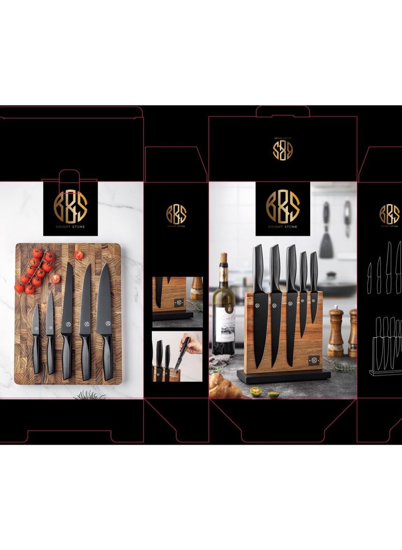 برايت ستون Modern Kitchen Knife Block Set with 5 Knives, Wooden Stand,ZT0002  - Image 2