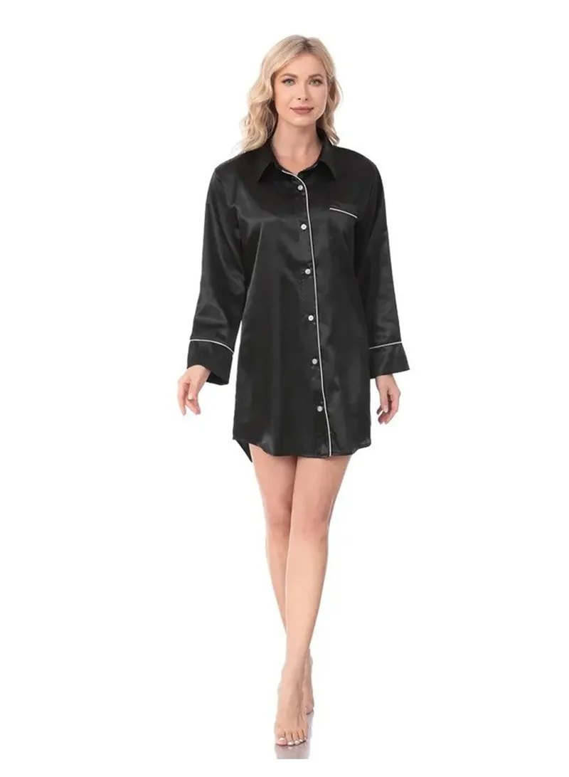 Caprisious Women's Satin Long Sleeve Sleep Shirt: Silk Nightshirt with Button-Down, Ideal Pajama Top