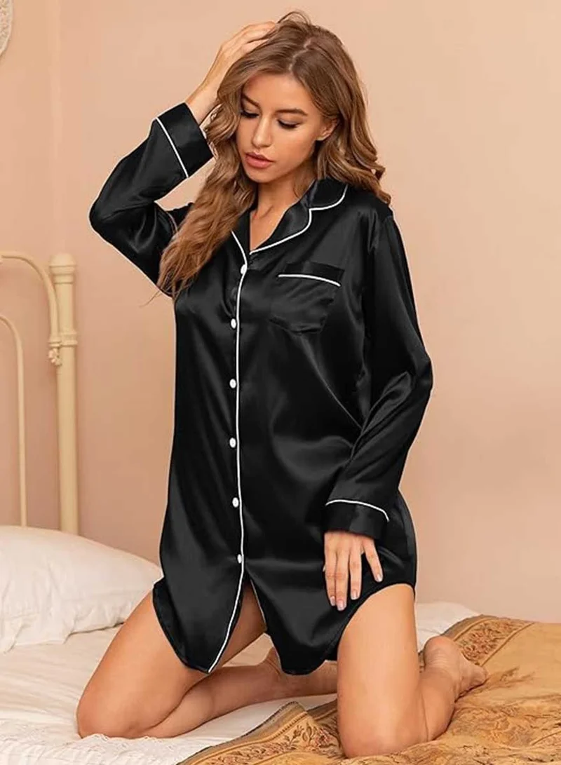 Caprisious Women's Satin Long Sleeve Sleep Shirt: Silk Nightshirt with Button-Down, Ideal Pajama Top