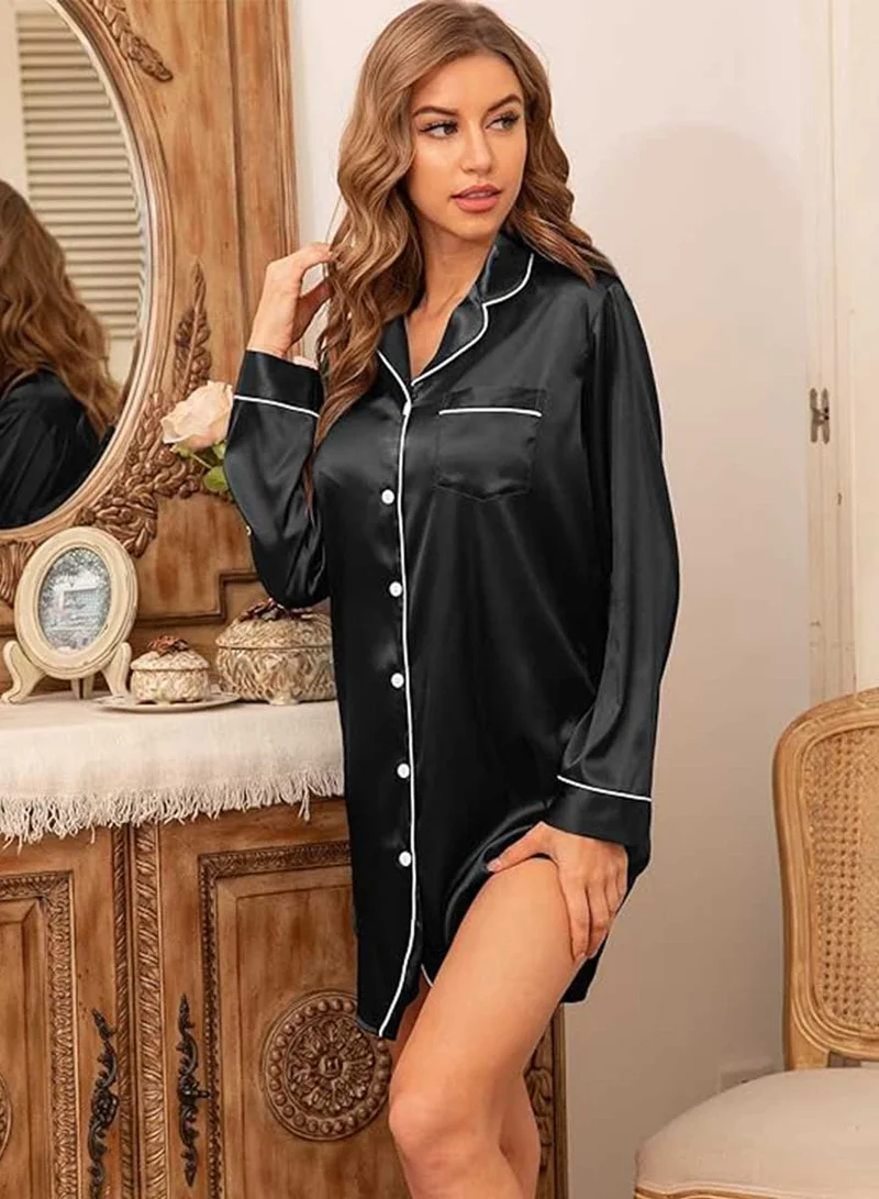 Caprisious Women's Satin Long Sleeve Sleep Shirt: Silk Nightshirt with Button-Down, Ideal Pajama Top