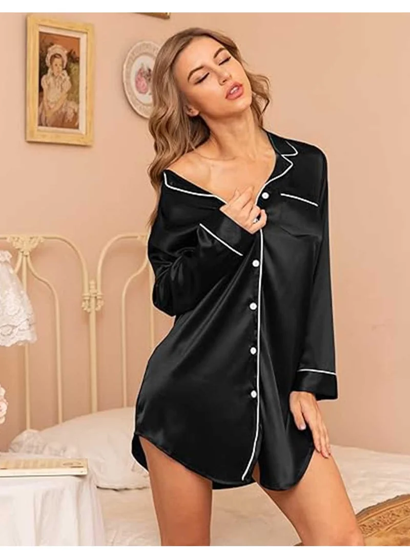 Caprisious Women's Satin Long Sleeve Sleep Shirt: Silk Nightshirt with Button-Down, Ideal Pajama Top