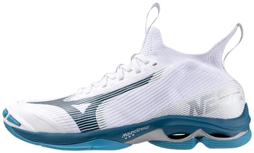 Mizuno حذاء الكرة الطائرة ميزونو يونيكس ويف لايتنينغ نيو 2، أبيض-أزرق مغربي، 11 أمريكي للرجال - Image 1