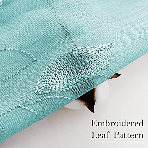 HOMEIDEAS Turquoise Aqua Sheer Curtains 52 X 63 Inches Length 2 Panels Embroidered Leaf Pattern Pocket Faux Linen Floral Teal Voile Window Drapes for Bedroom Living Room - Image 2