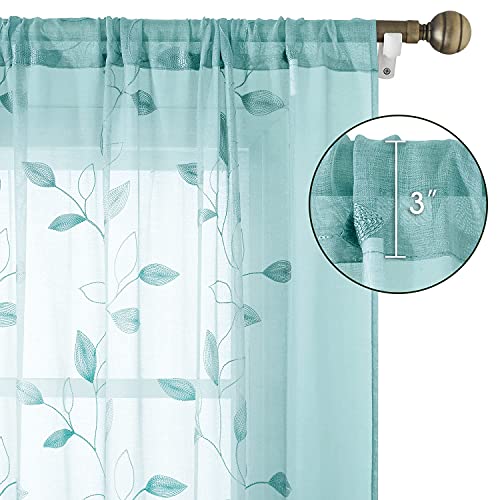 HOMEIDEAS Turquoise Aqua Sheer Curtains 52 X 63 Inches Length 2 Panels Embroidered Leaf Pattern Pocket Faux Linen Floral Teal Voile Window Drapes for Bedroom Living Room - Image 5