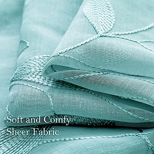 HOMEIDEAS Turquoise Aqua Sheer Curtains 52 X 63 Inches Length 2 Panels Embroidered Leaf Pattern Pocket Faux Linen Floral Teal Voile Window Drapes for Bedroom Living Room - Image 4