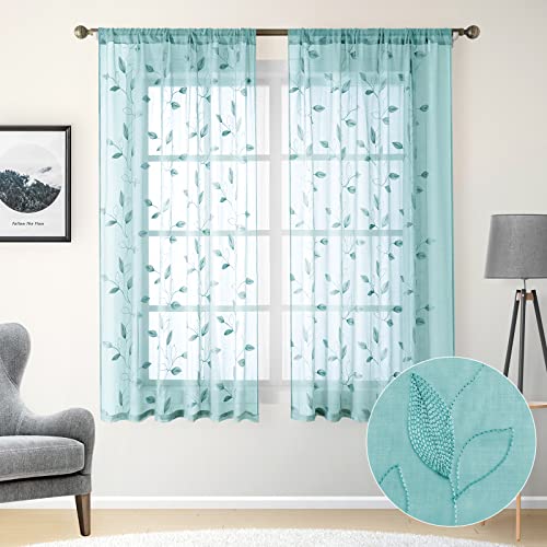 HOMEIDEAS Turquoise Aqua Sheer Curtains 52 X 63 Inches Length 2 Panels Embroidered Leaf Pattern Pocket Faux Linen Floral Teal Voile Window Drapes for Bedroom Living Room - Image 1