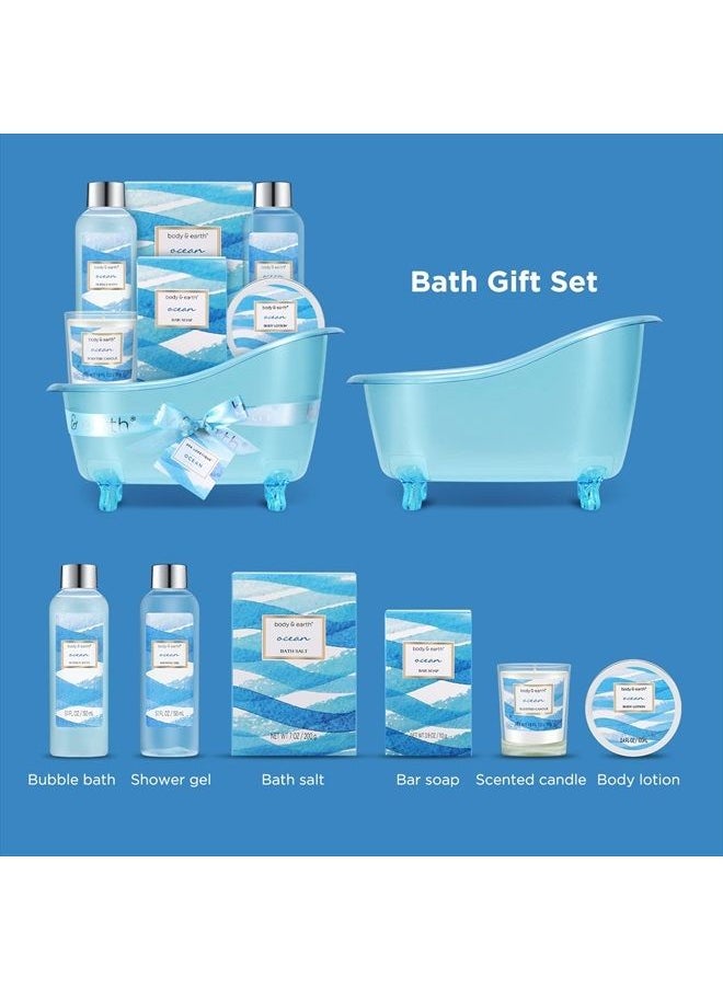 BODY & EARTH - Bath Gift Set for Women, Body & Earth Spa Gift Baskets for Women, 7 Pcs Bath Set Scented with Ocean, Bath and Body Gift Basket, Birthday Gifts for Women - Image 1