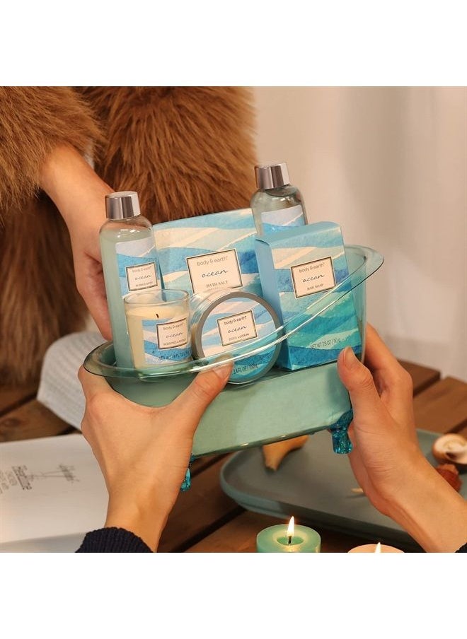 BODY & EARTH - Bath Gift Set for Women, Body & Earth Spa Gift Baskets for Women, 7 Pcs Bath Set Scented with Ocean, Bath and Body Gift Basket, Birthday Gifts for Women - Image 1