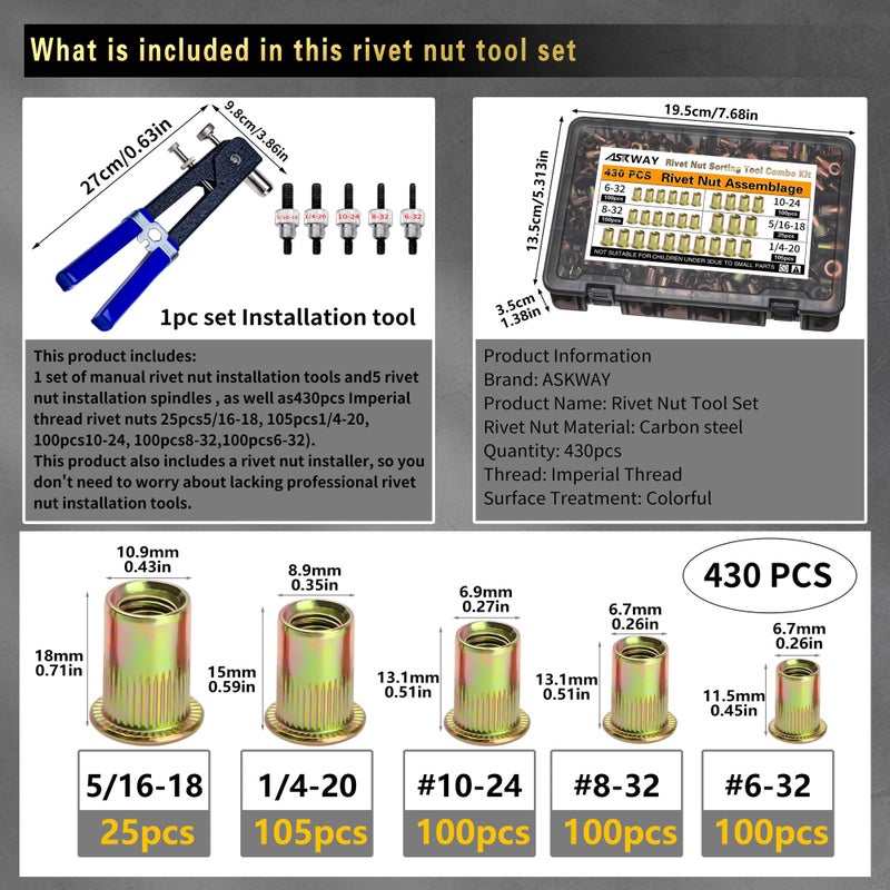 AskWay Imperial Rivet Nut Tool Kit 430pcs, SAE Rivet Nut Combination ï¼ˆ5/16-18ã€1/4-20ã€10-24ã€8-32ã€6-32ï¼‰, Suitable for Automotive, Marine and Industrial Applications(SAE Carbon Steel 430PCS) - Image 2