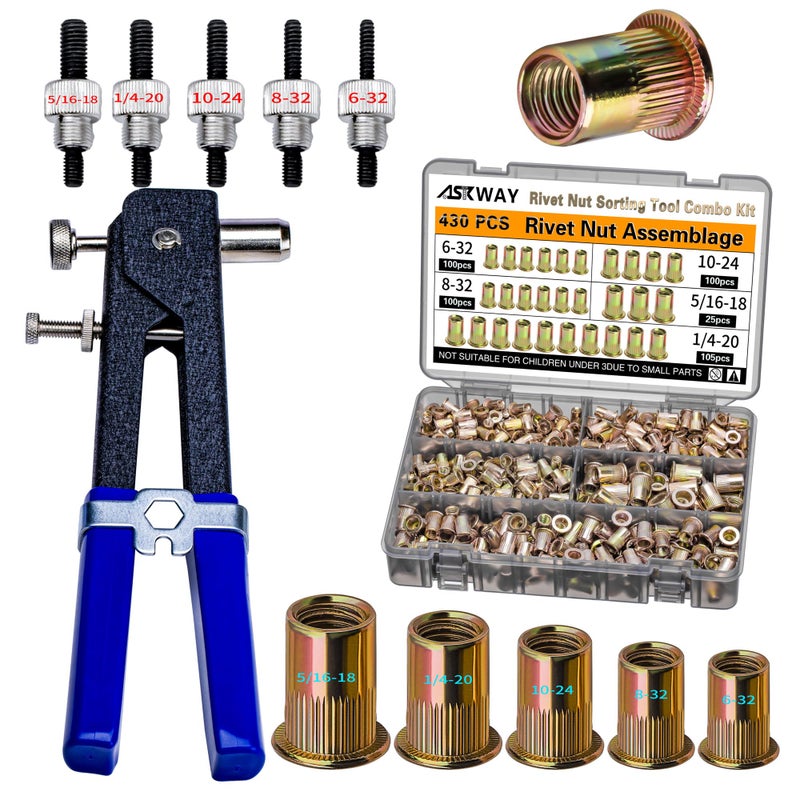 AskWay Imperial Rivet Nut Tool Kit 430pcs, SAE Rivet Nut Combination ï¼ˆ5/16-18ã€1/4-20ã€10-24ã€8-32ã€6-32ï¼‰, Suitable for Automotive, Marine and Industrial Applications(SAE Carbon Steel 430PCS) - Image 1