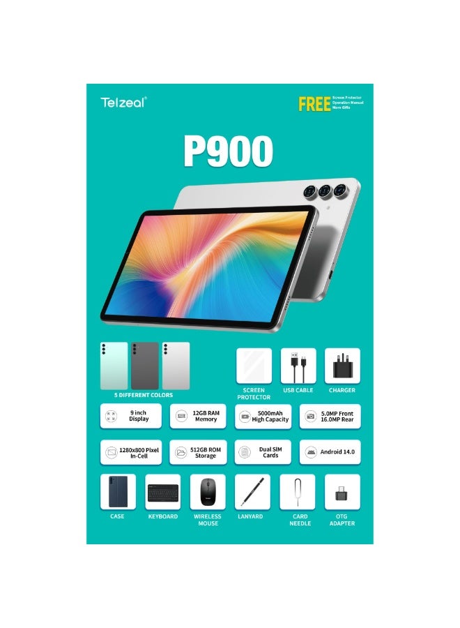 Telzeal P900 12+512GB 5G (1280*800) WiFi Tablet, Android 14, 9-Inch Display, 5000mAh Battery – Grey - Image 2