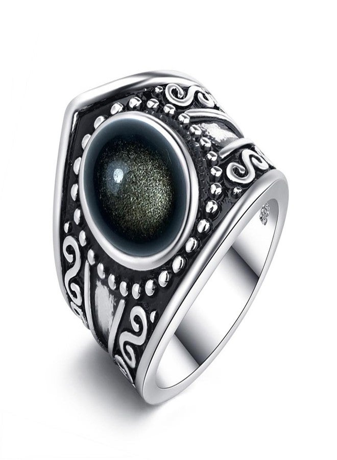 HAIXIAN Natural Black Obsidian Wide Band Ring,Retro S925 Sterling Silver Statement Thumb Index Chunky Band Ring,Cocktail Party Bohemian Ring Jewelry for Women, Silver, No Gemstone - Image 1