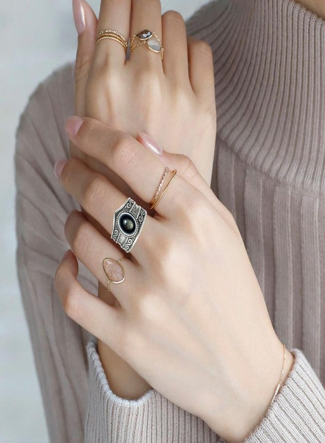 HAIXIAN Natural Black Obsidian Wide Band Ring,Retro S925 Sterling Silver Statement Thumb Index Chunky Band Ring,Cocktail Party Bohemian Ring Jewelry for Women, Silver, No Gemstone - Image 3