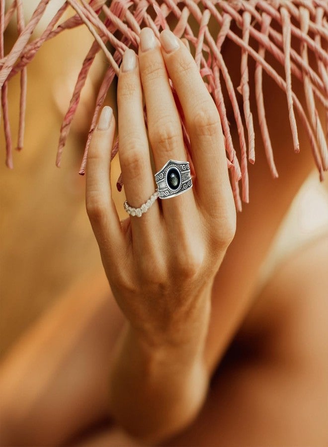 HAIXIAN Natural Black Obsidian Wide Band Ring,Retro S925 Sterling Silver Statement Thumb Index Chunky Band Ring,Cocktail Party Bohemian Ring Jewelry for Women, Silver, No Gemstone - Image 4