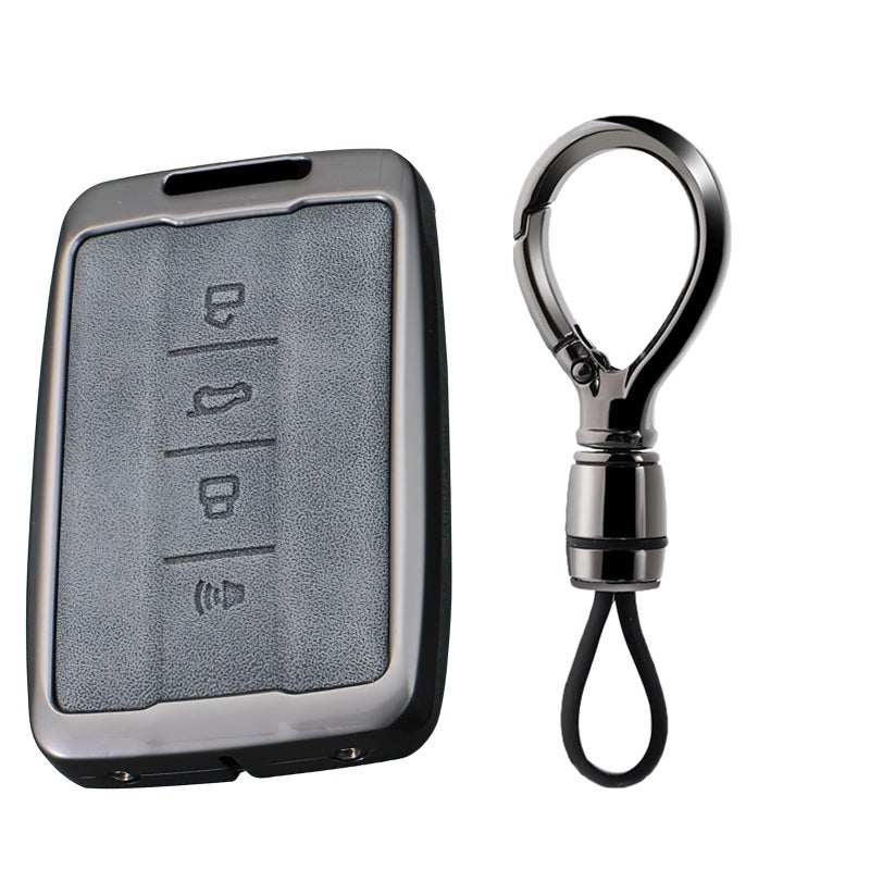 SANRILY Gray Metal Leather 4 Button Key Fob Cover Compatible with Great Wall TANK 300 500 Tank300 Tank500 GWM WEY for Haval Keyless Key Holder with Keychain C