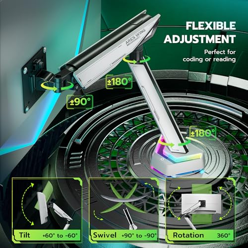 ARES WING RGB Single Monitor Arm Desk Mount for 17-45 inches Flat and Curved Monitors, Holds 35.2 lbs Heavy Duty, Adjustable Ultrawide Monitor Arm with Clamp & Grommet Base, 75/100 VESA Mount, White - Image 5