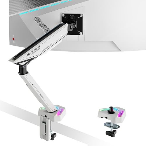 ARES WING RGB Single Monitor Arm Desk Mount for 17-45 inches Flat and Curved Monitors, Holds 35.2 lbs Heavy Duty, Adjustable Ultrawide Monitor Arm with Clamp & Grommet Base, 75/100 VESA Mount, White - Image 1