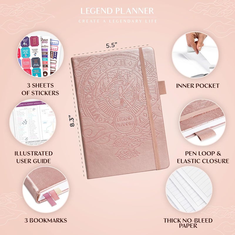 Legend Planner - مخطط أسبوعي وشهري فاخر لتحقيق أهدافك والعيش بسعادة أكبر. دفتر تنظيم ومفكرة إنتاجية. غلاف مقوى A5، غير مؤرخ - ابدأ في أي وقت + ملصقات - ذهبي وردي - Image 2